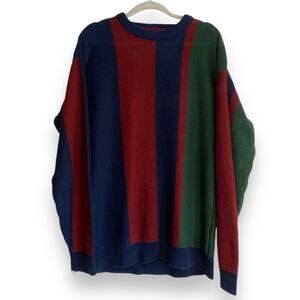 Mens Vintage Timber Trail Blue Red Stripe Preppy Acrylic Knit Sweater Size Large